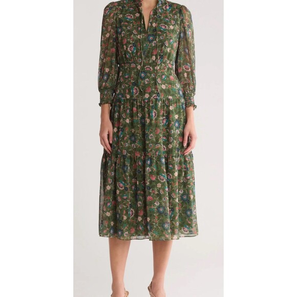 Vince Camuto Dresses & Skirts - Vince Camuto Floral Long Sleeve Chiffon Midi Dress Size 14
